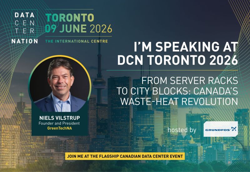 Niels Vilstrup speaking at Data Center Nation Toronto 2026, hosted by Grundfos — panel: From server racks to city blocks, Canada's waste-heat revolution