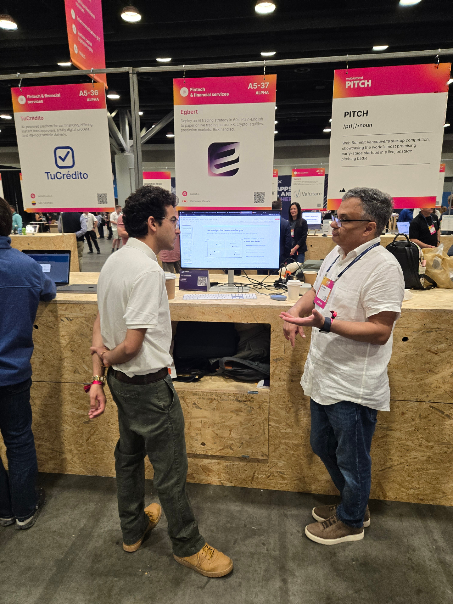 Investor conversation at the Egbert booth A5-37 in the Fintech & financial services pavilion